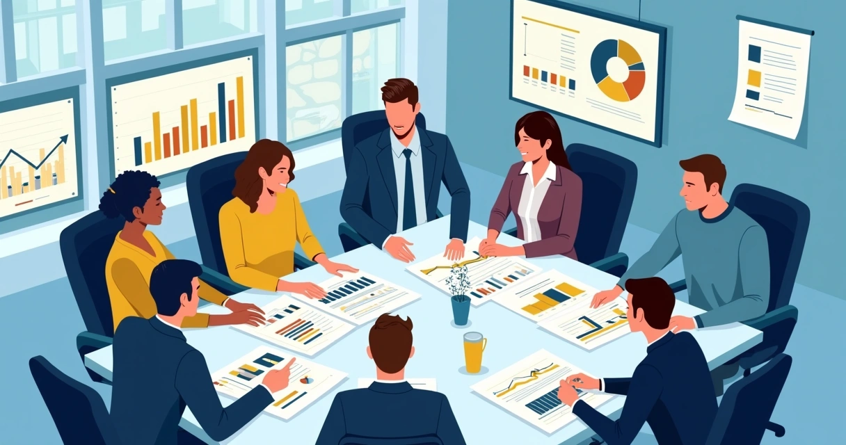 Equipe de campanha reunida discutindo orçamento com gráficos na mesa