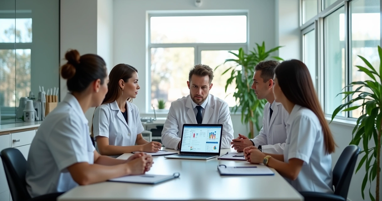Equipe de profissionais de clínica discutindo em ambiente de trabalho organizado 