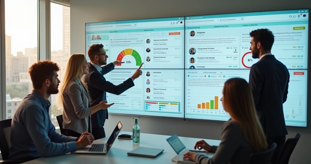 Equipe de atendimento condominial reunida analisando fluxos digitais em monitores 