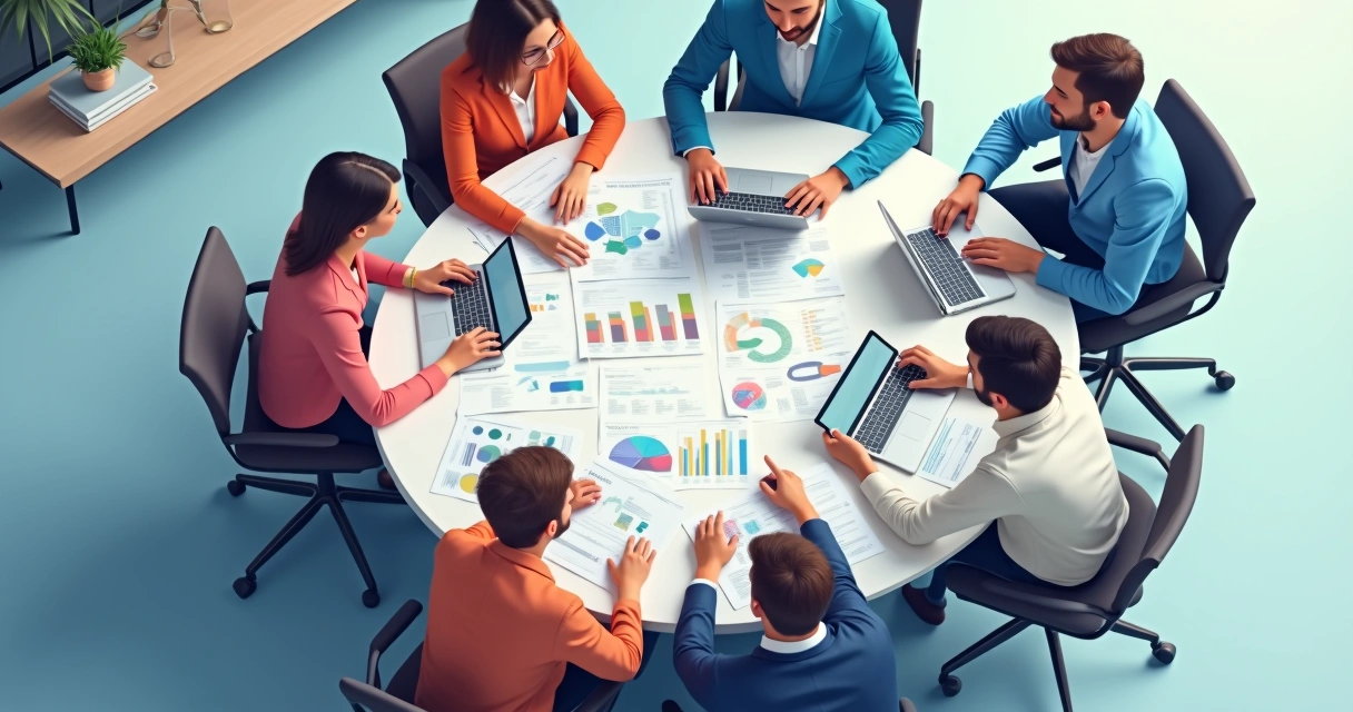 Desenho de equipe reunida em mesa ao redor de gráficos e dados de TI 