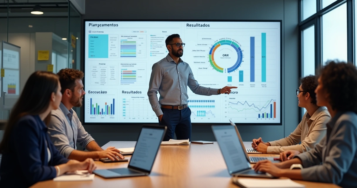 Empresário brasileiro liderando equipe em reunião de gestão com dados em tela digital 