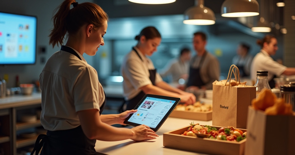 Equipe de restaurante coordenando pedidos de delivery 