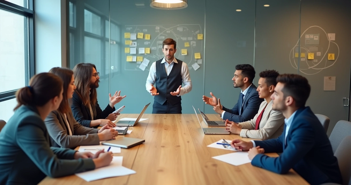 Gestor liderando discussão ética com equipe diversa ao redor de mesa de reunião 