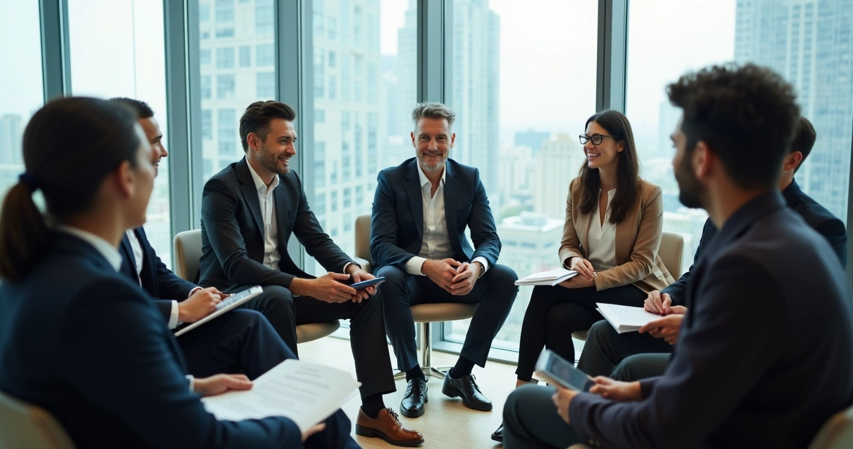 Equipe sentada em círculo discutindo, com um líder ouvindo atentamente os membros do time 