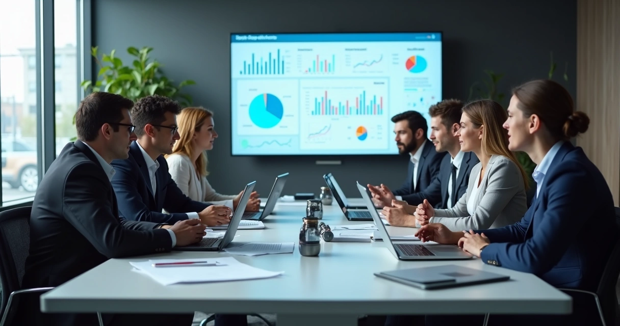 Equipe reunida em mesa discutindo governança de dados com notebooks e gráficos 