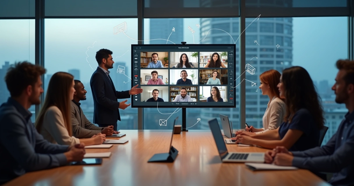 Gestor conduz reunião com equipe híbrida em tela compartilhada 