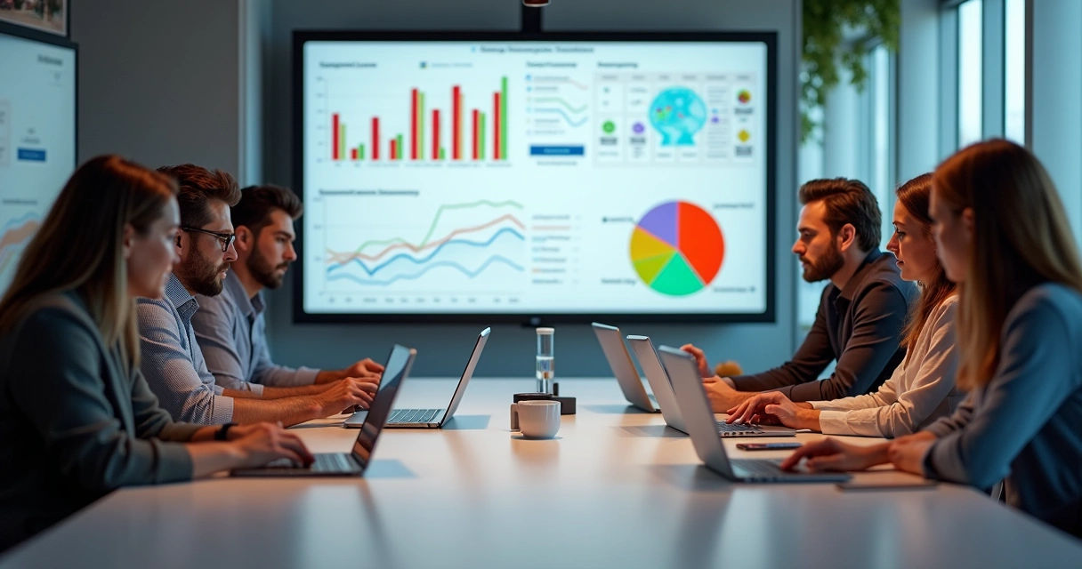 Equipe analisando campanha de influência juntos na mesa 