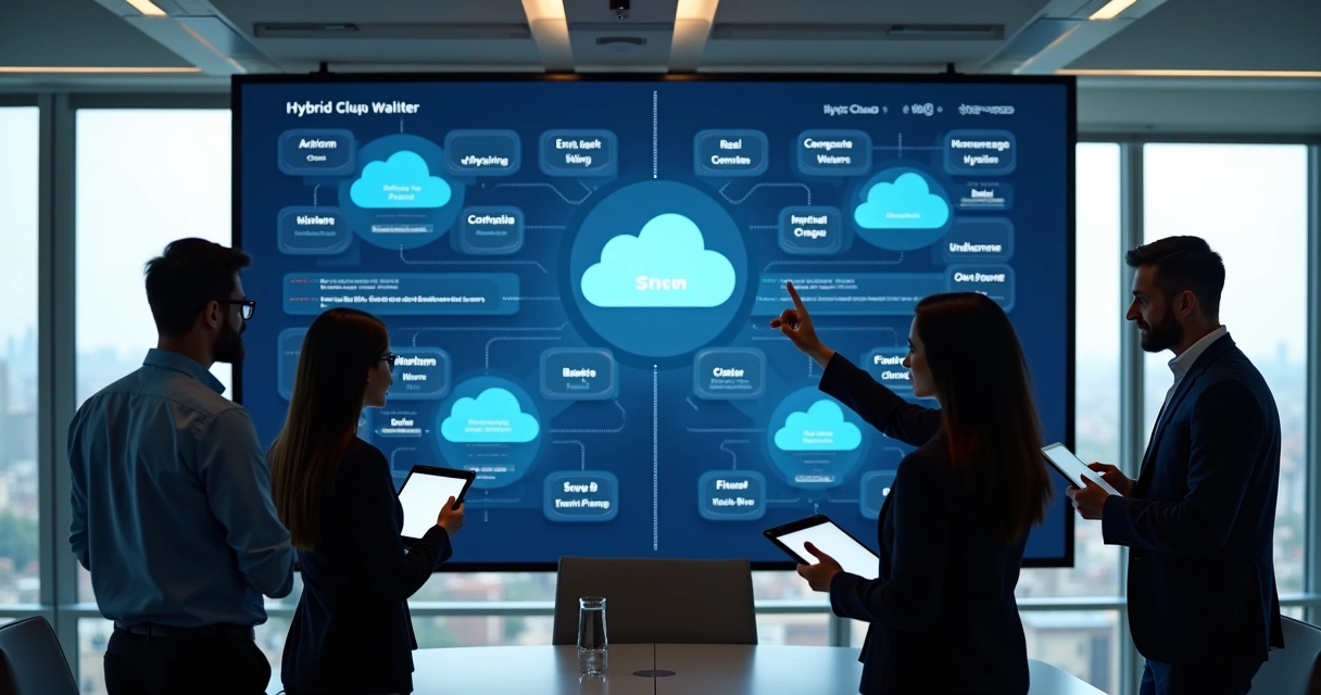 Equipe de TI gerenciando nuvem híbrida em painel digital 