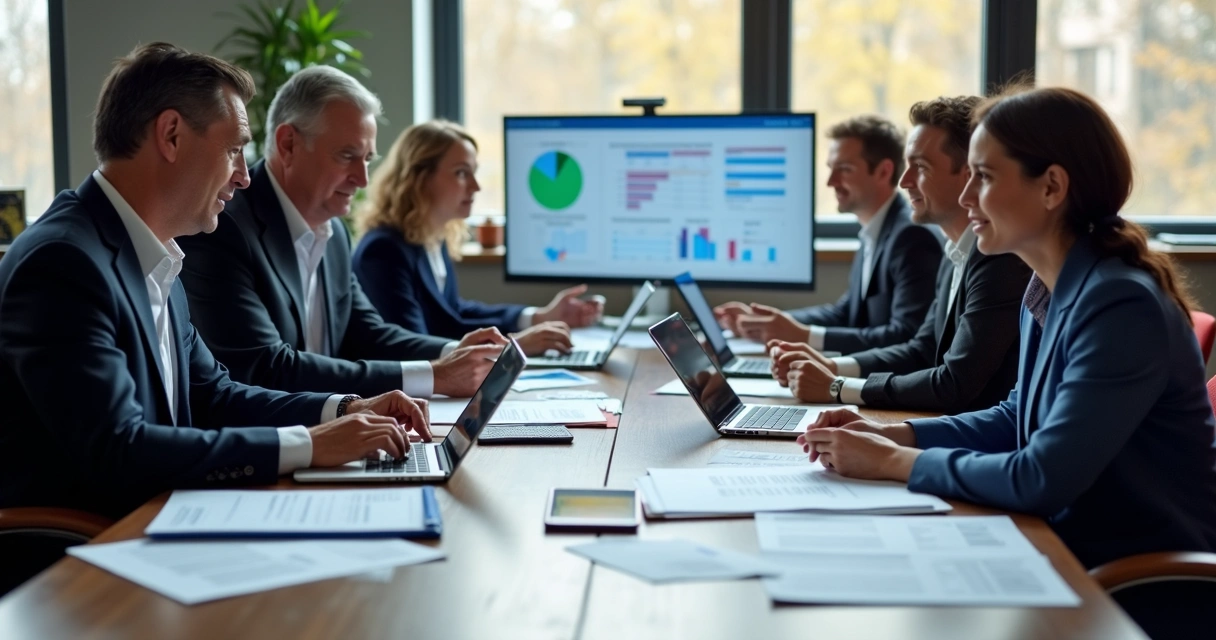 Equipe política em reunião analisando relatórios digitais 