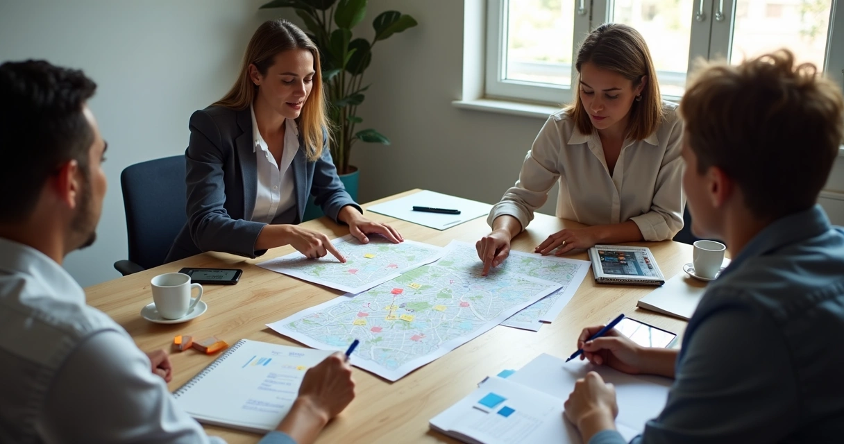 Coordenador organizando equipe política com agenda e mapas 