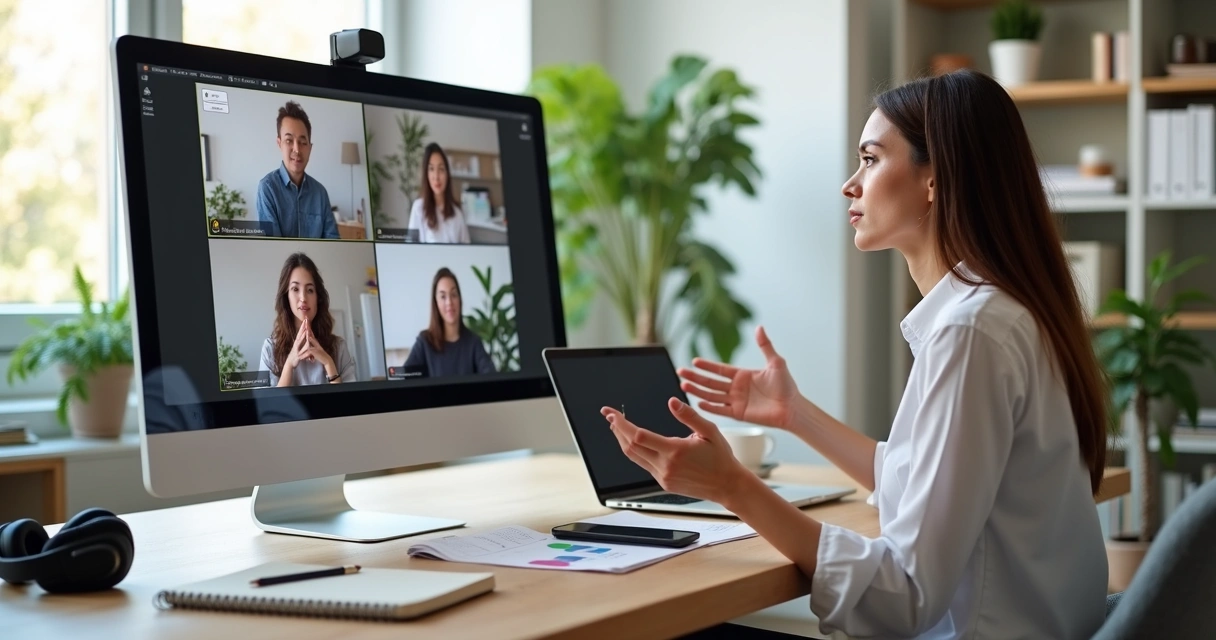 Gestora orientando pequena equipe remota em videoconferência 