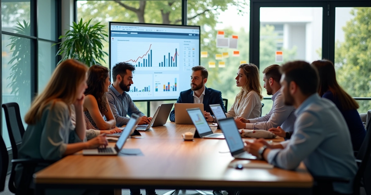 Equipe de trabalho reunida à mesa em ambiente moderno, analisando gráficos em laptops e tablets