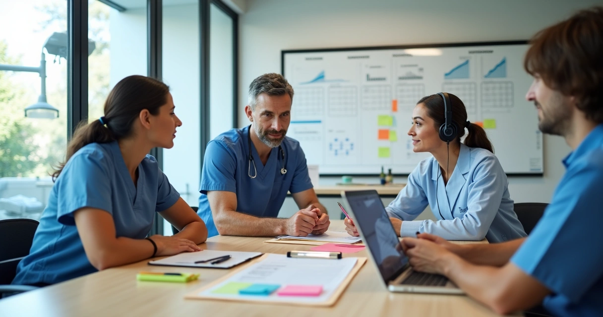 Equipe de clínica odontológica em reunião rápida alinhando rotinas de gestão 