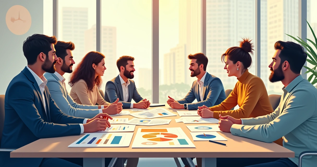 Equipe em reunião ao redor de uma mesa discutindo gráficos 