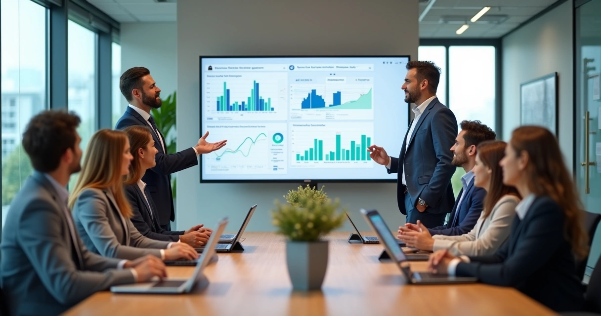 Líder conduzindo reunião com equipe em escritório moderno 