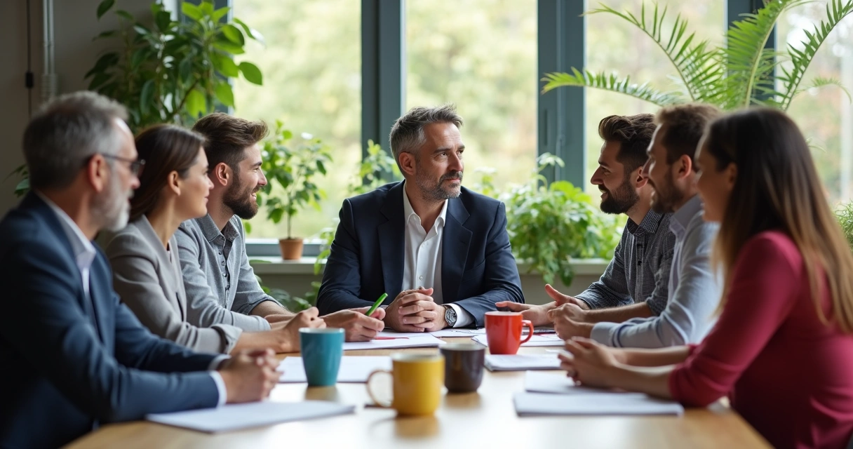 Gestor ouvindo equipe de pessoas diversas em reunião