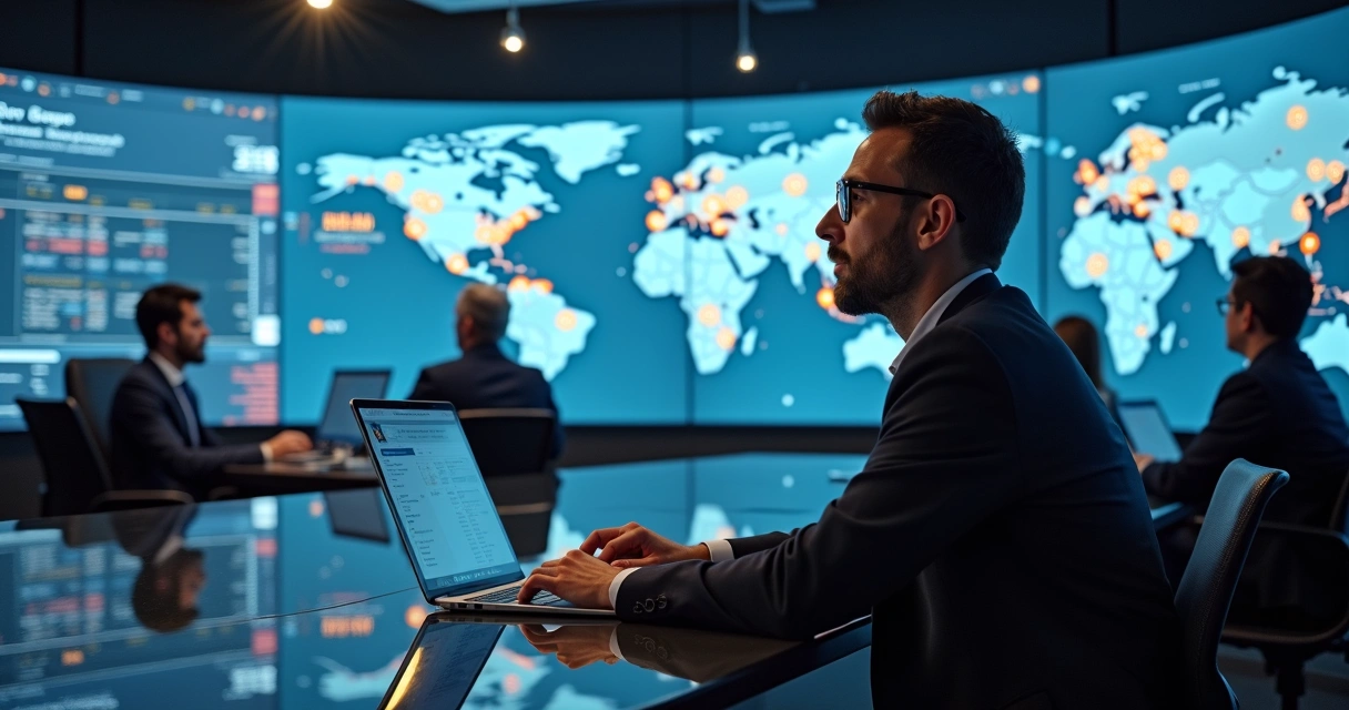 Gestor analisando painel digital de equipes em tempo real 