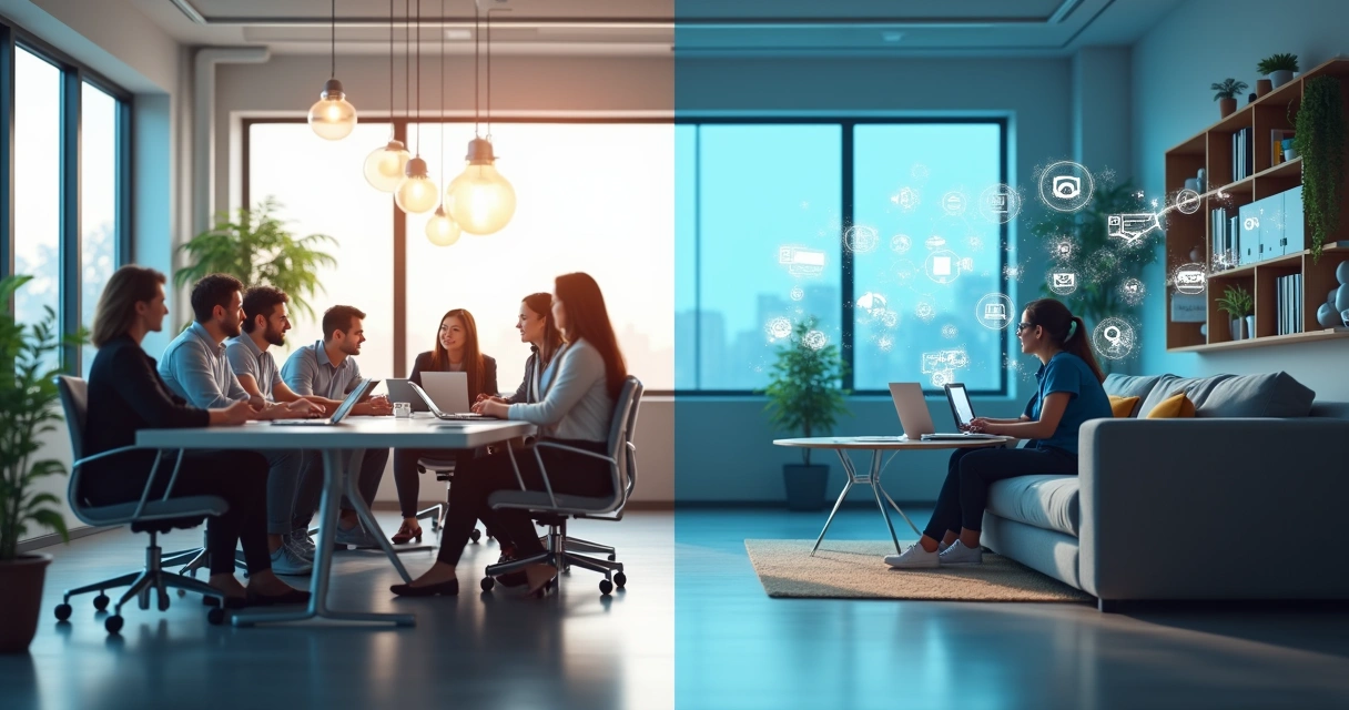 Gestores e colaboradores trabalhando juntos em escritório moderno e em home office, ilustrando equipe híbrida integrada 