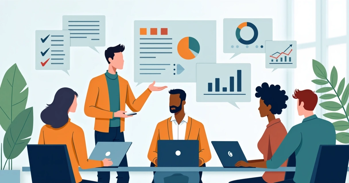 Ilustração corporativa de equipe colaborando em ambiente digital com líderes e gráficos de desempenho 