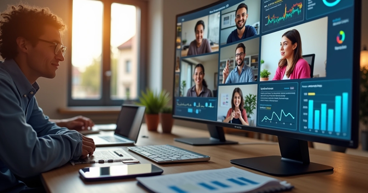 Equipe diversa trabalhando remotamente com vários dispositivos e softwares de gestão em uma mesa moderna 