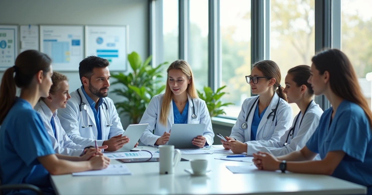 Equipe multiprofissional de saúde em reunião colaborativa em ambiente hospitalar moderno 