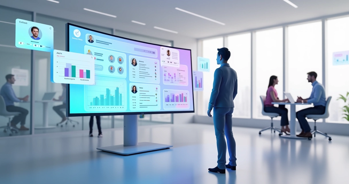 Gestor analisando painel de software de gestão de equipes em tela grande 