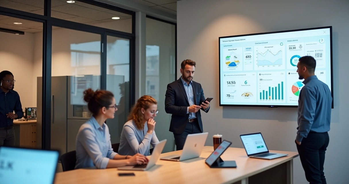 Gestor observa painel digital enquanto equipe colabora em escritório moderno 