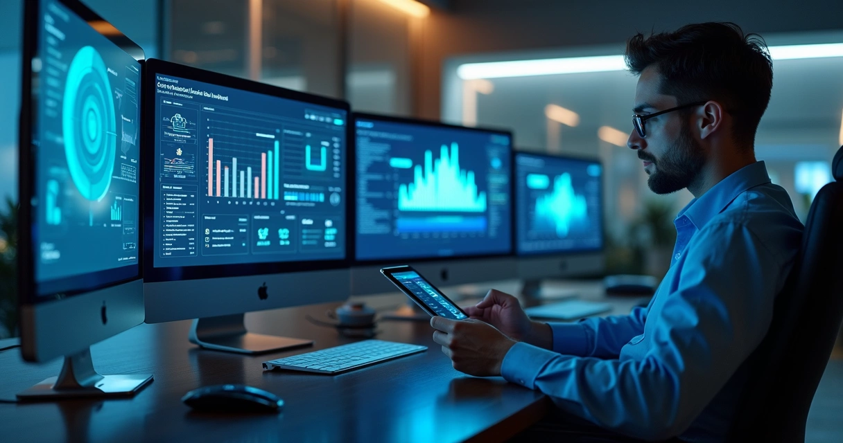 Ambiente de escritório moderno com telas mostrando dashboards de compliance fiscal e ERP integrados 