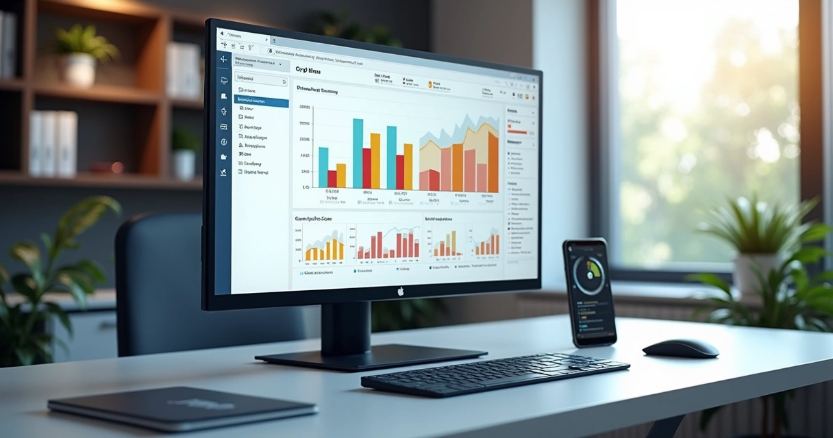 Tela de computador exibindo painel de controle ERP com gráficos de vendas, estoque e integração multicanal 