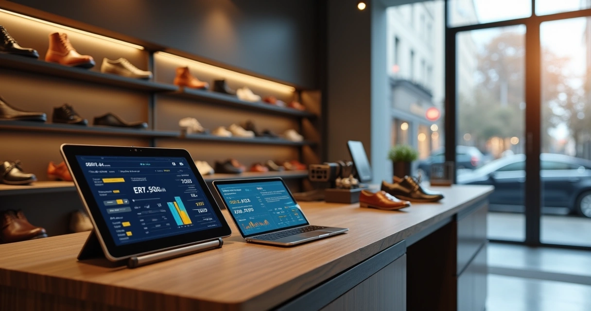 Loja de calçados moderna com sistema ERP exibido em tablet, integração com vendas e estoque visível 