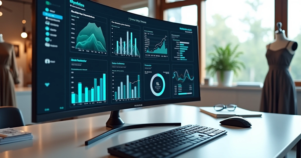 Dashboard moderno exibindo gráficos e painéis de gestão integrada de estoque e vendas de moda 