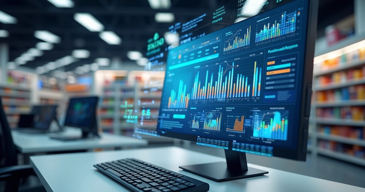 Computador com dashboard ERP exibindo gráficos de vendas e estoque integrados em telas ao redor de lojas físicas e e-commerce