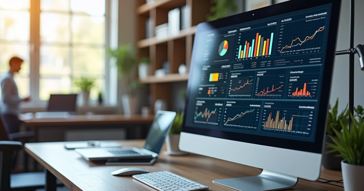 Tela de computador mostrando sistema ERP com múltiplos CNPJs, gráficos financeiros e relatórios consolidados em fundo de escritório moderno 