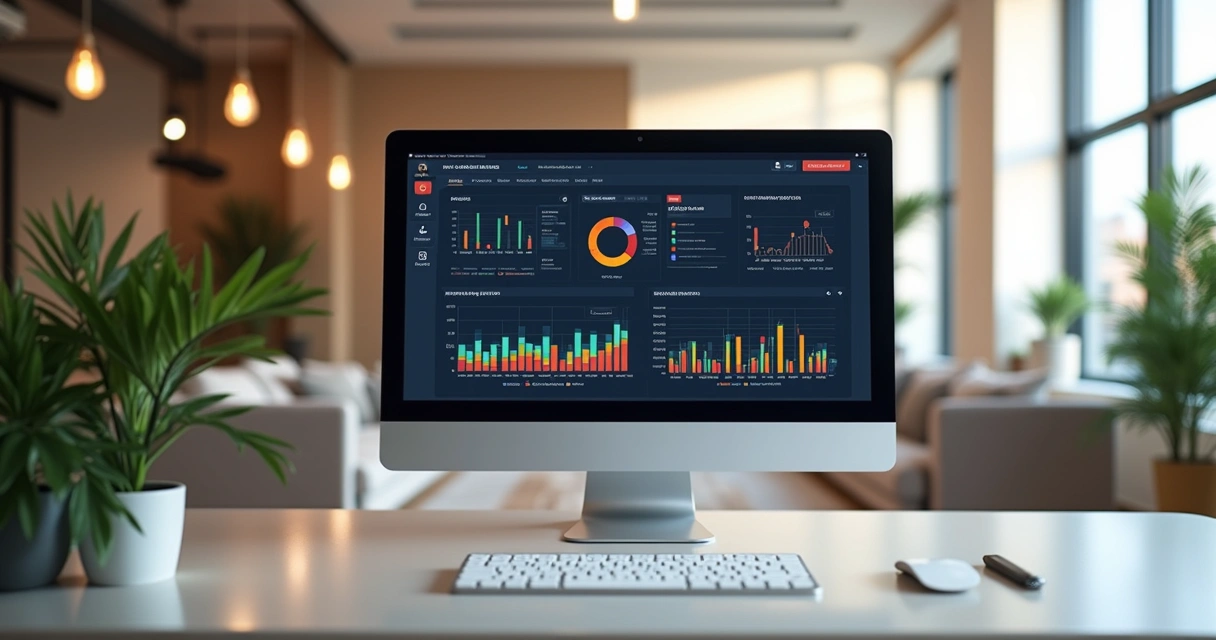 Computador com dashboard de ERP multiloja exibindo gráficos de vendas, estoque e integração em nuvem 