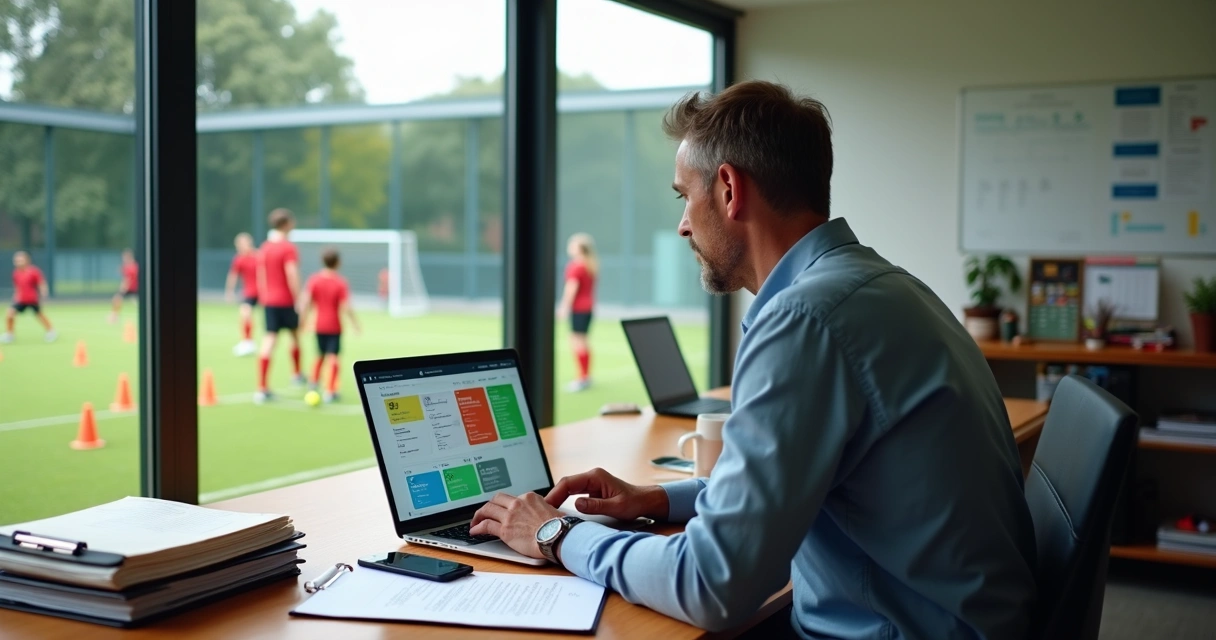 Gestor de escola de esporte usando plataforma online em notebook ao lado de quadra de futebol infantil 
