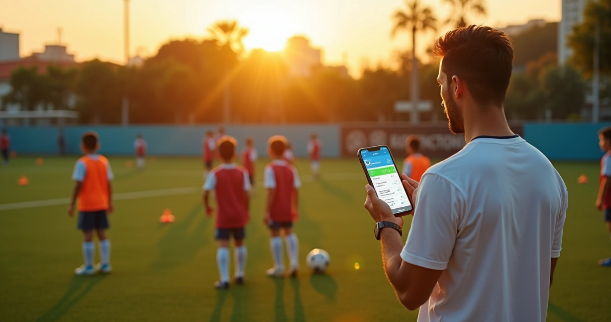 Treinador de escola de futebol usando aplicativo de gestão no celular à beira do campo 