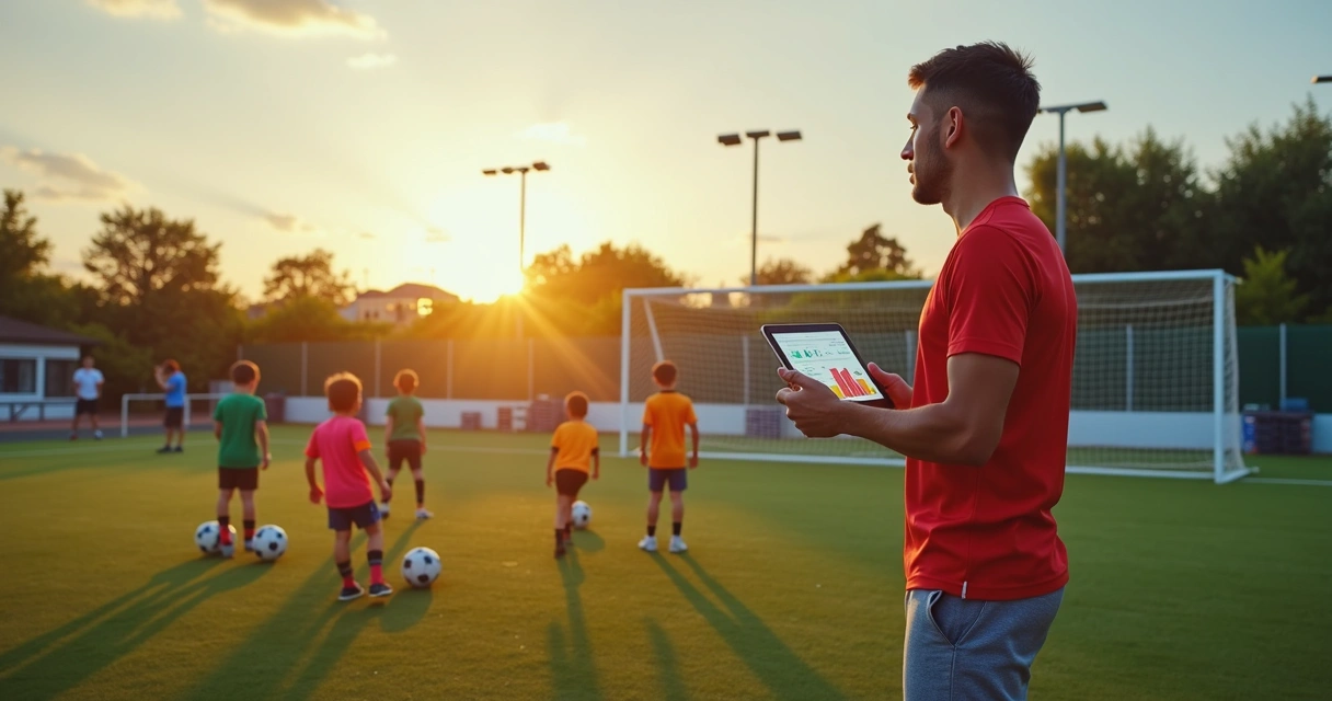 Gestor de escola de futebol usando tablet à beira do campo com alunos treinando 