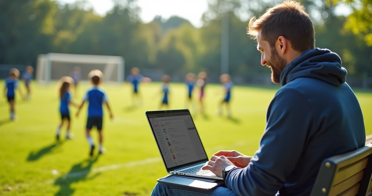 Treinador usando notebook para gerir alunos de futebol infantil ao ar livre