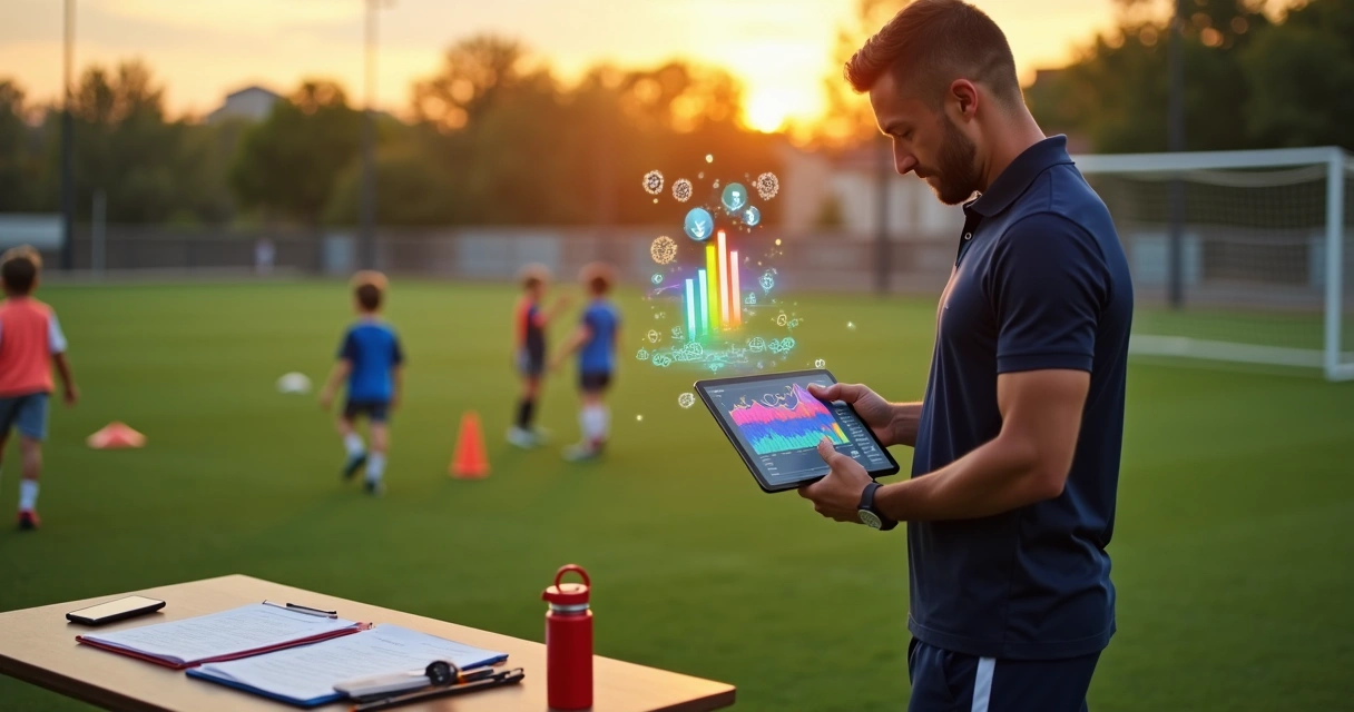 Treinador de escola de futebol analisando finanças em tablet à beira do campo 