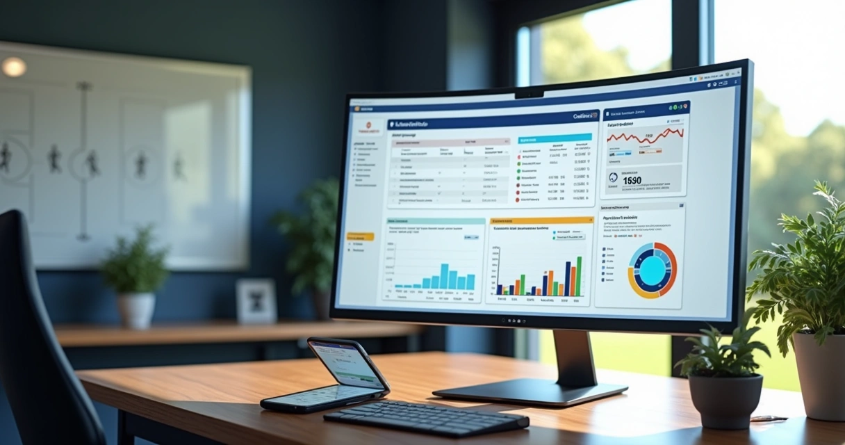 Computador com sistema de gestão escolar para futebol aberto, mostrando cadastro de alunos, contratos e gráficos financeiros 
