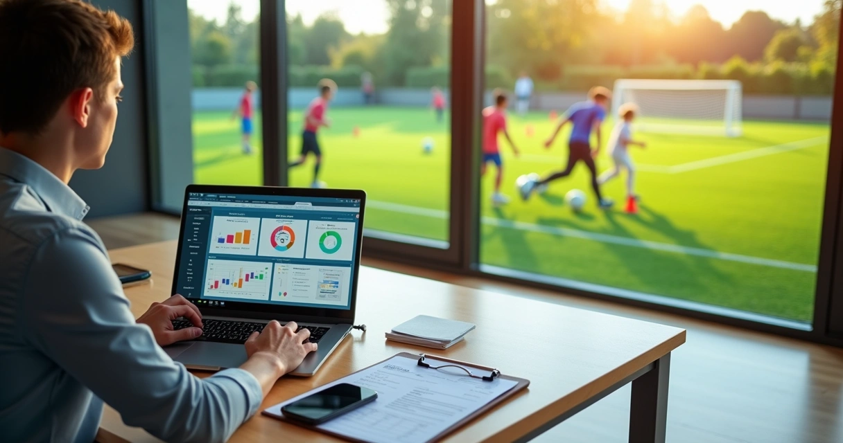 Gestor usando sistema de gestão em escola de futebol com alunos treinando ao fundo 