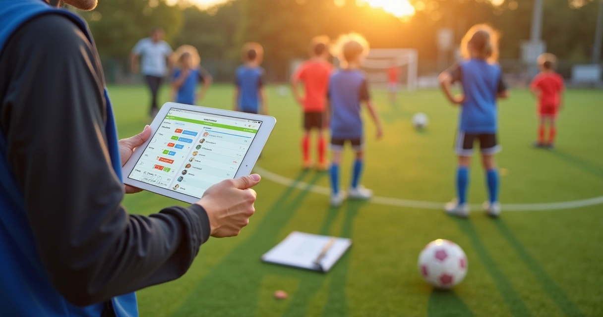 Gestor de escola de futebol usando tablet com sistema de gestão à beira do campo 