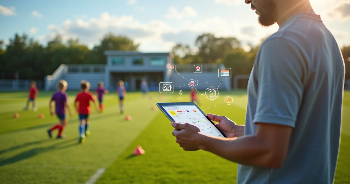 Gestor de escola de futebol usando tablet à beira do campo com alunos treinando 