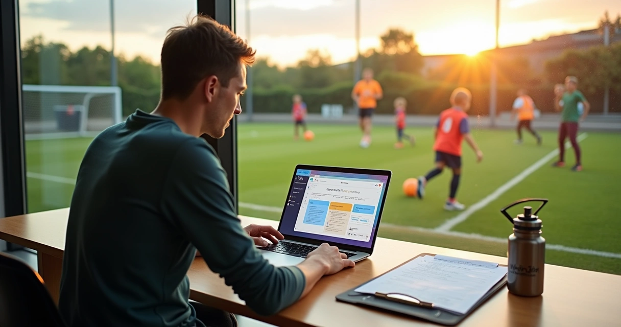 Gestor de escola de futebol usando plataforma online em notebook à beira do campo 