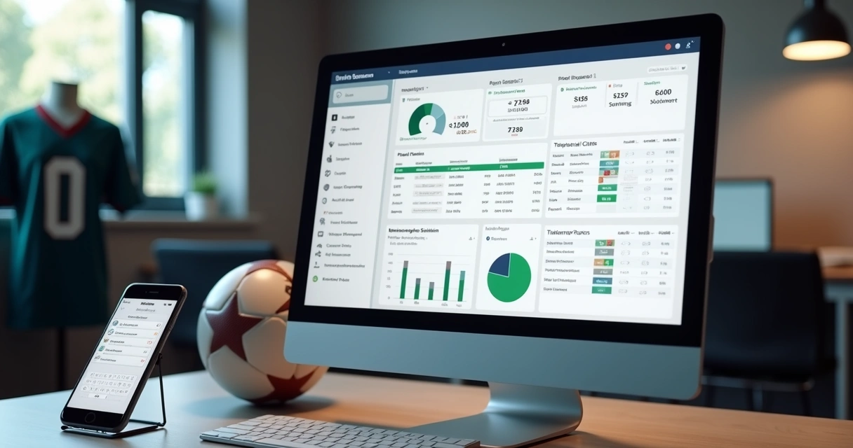 Computador com tela exibindo controle financeiro e comunicação em escola de futebol moderna 