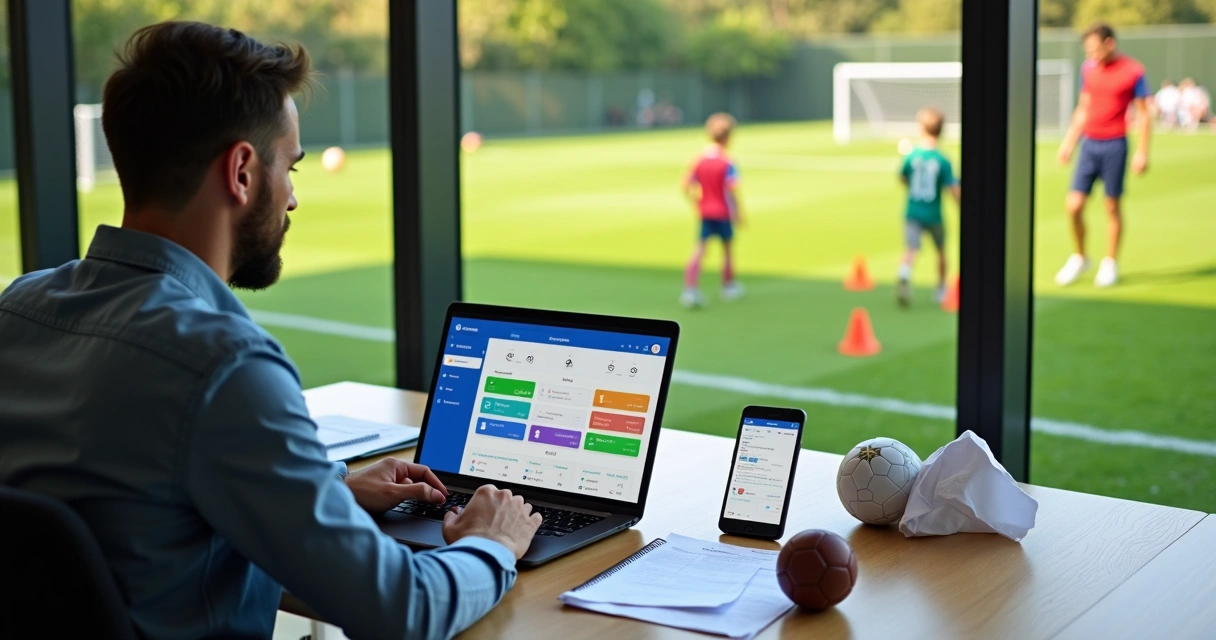 Gestor de escola de futebol usando plataforma digital ao lado de campo com crianças treinando 