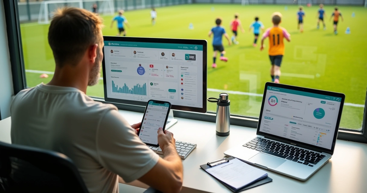 Gestor de escola de futebol usando plataforma online em tablet à beira do campo 