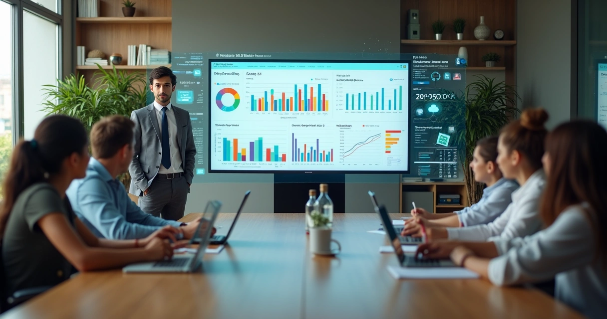 Diretor escolar em reunião com equipe usando telas digitais e gráficos em sala moderna 