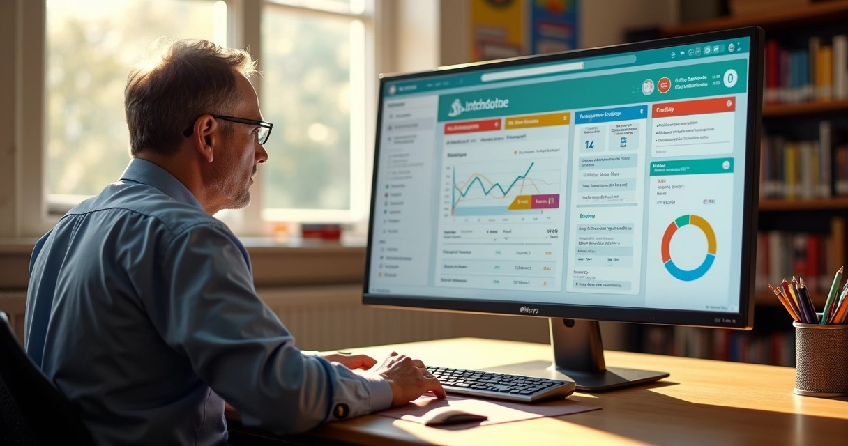 Gestor escolar analisando tela integrada com informações acadêmicas, financeiras e comunicados 