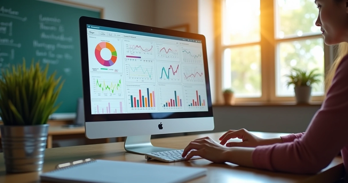 Tela de dashboard escolar com gráficos de notas e frequência